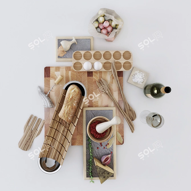 Modern Kitchen Set - Cheese, Wine, Fig 3D model image 2