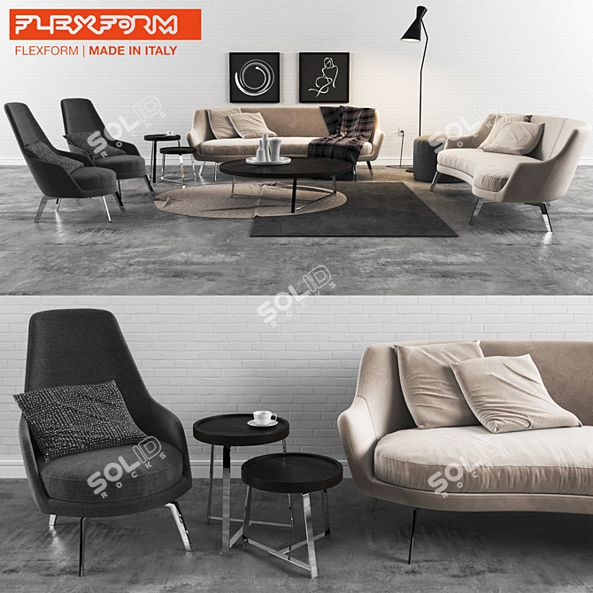 Flexform 01: Sofa, Armchair, Pillows, Poof, Tables 3D model image 1