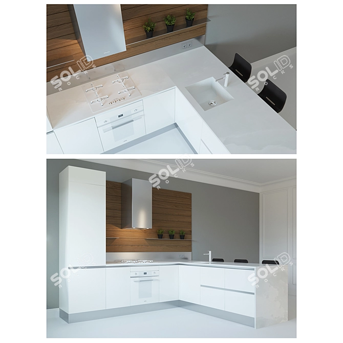 Modern White Kitchen with Peninsula 3D model image 2