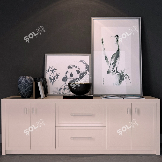 Elegant Cabinet with Painting, Photo Frame, Vase, and Books 3D model image 1