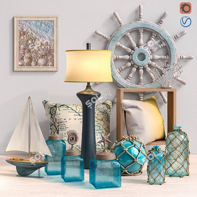 Coastal Decor Set - Sea Life Canisters, Lamp, Pillows, and More 3D model image 1