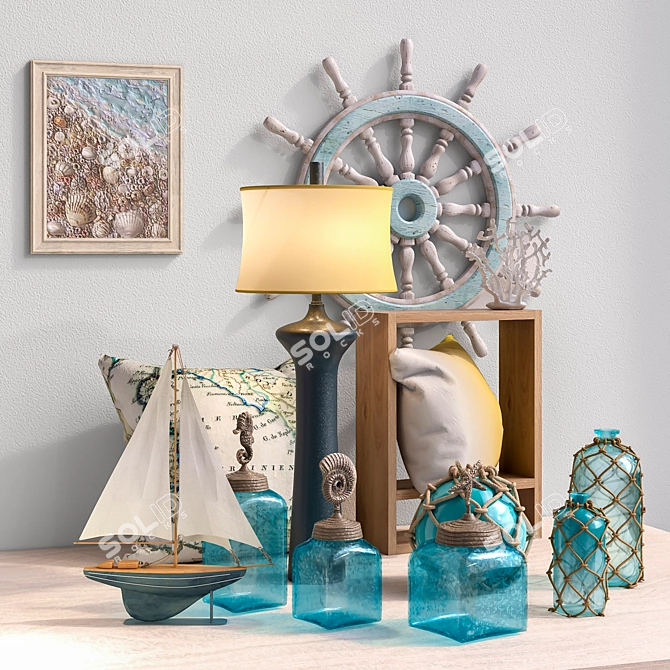 Coastal Decor Set - Sea Life Canisters, Lamp, Pillows, and More 3D model image 2