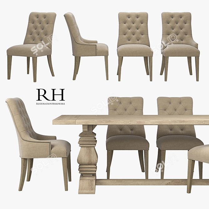 Restoration Hardware Martine Chairs & Salvaged Wood Table Set 3D model image 1