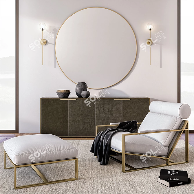 RH Modern Living Set: Milo Baughman Fabric Chair, Ottoman, Mirror, Sconce, Rug, Sideboard, Decor Bowls, 3D model image 1