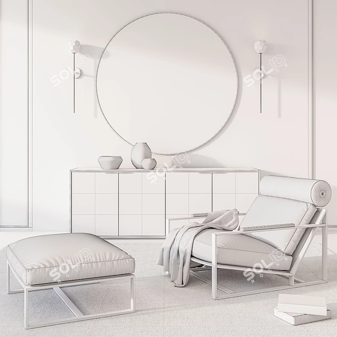 RH Modern Living Set: Milo Baughman Fabric Chair, Ottoman, Mirror, Sconce, Rug, Sideboard, Decor Bowls, 3D model image 2