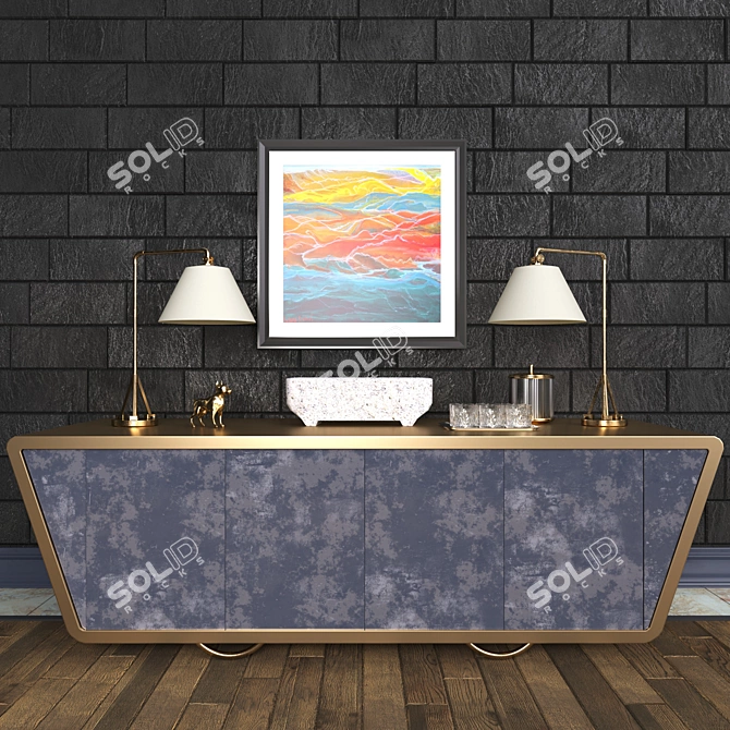 Golden Chest: Painting & Table Lamp 3D model image 1