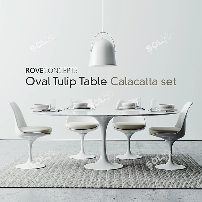 Calacatta Oval Tulip Table Set: 78" / 198cm 3D model image 1