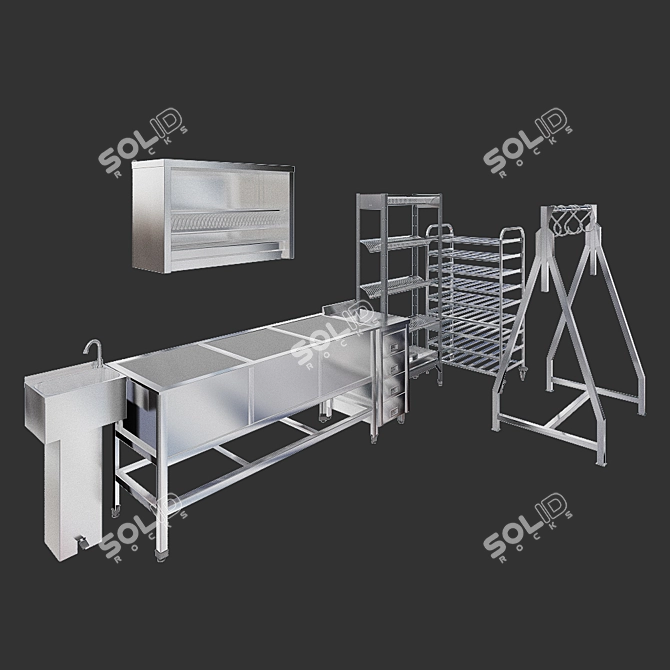 Professional Kitchen Equipment: Sink, Rack, Shelf, Worktable, Meat Hanging Rack 3D model image 1