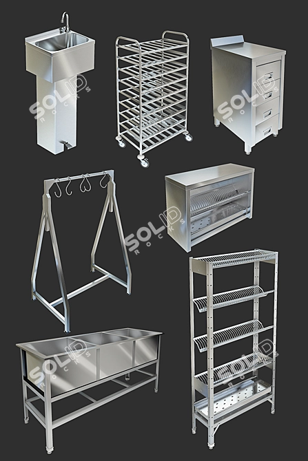 Professional Kitchen Equipment: Sink, Rack, Shelf, Worktable, Meat Hanging Rack 3D model image 2