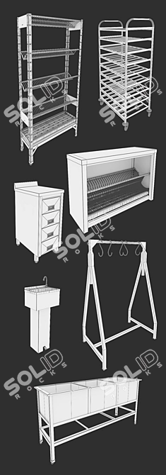 Professional Kitchen Equipment: Sink, Rack, Shelf, Worktable, Meat Hanging Rack 3D model image 3