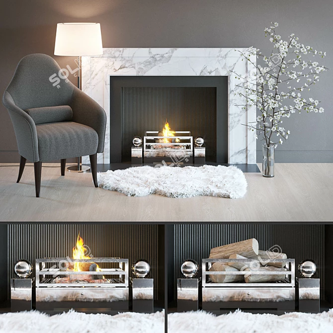 Cozy Fireplace Set: Marble Chimney, Armchair, Wooden Logs, Sheepskin, Lamp, Cherry Blossom 3D model image 1