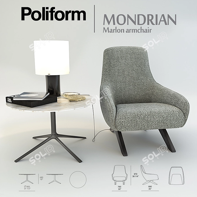 Title: Poliform MONDRIAN Marlon Armchair & Coffee Table Set 3D model image 1