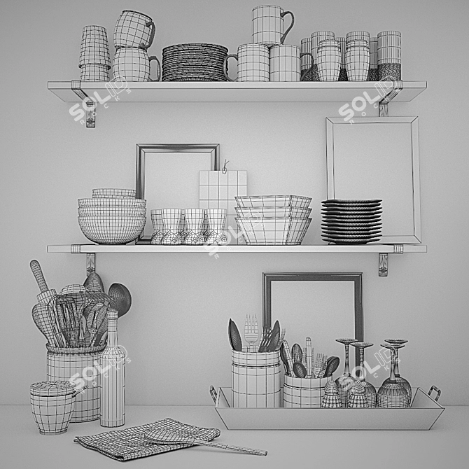 Kitchen Utensil Shelf with Crockery & Cutlery 3D model image 2