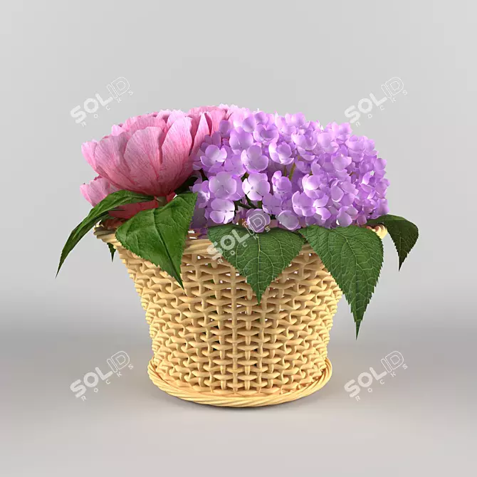 Pion Rose and Hydrangea Basket 3D model image 1