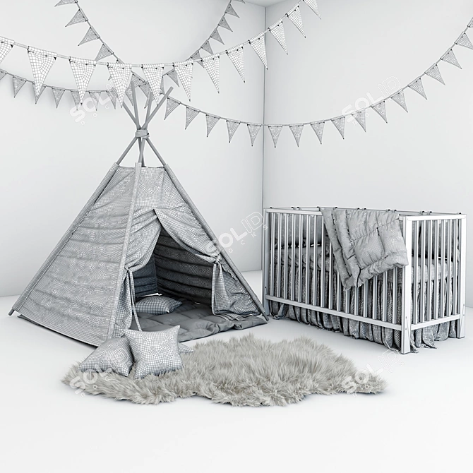 Adventurer's Dream Set: Wigwam, Mattress, Pillows, Fur Coat & Cot 3D model image 2