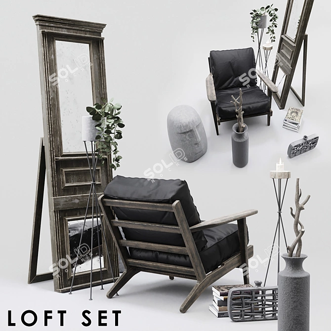 Modern Loft Set: Leather Lounge Chair, Decorative Vases, Mirror Door, Candle Holder 3D model image 2