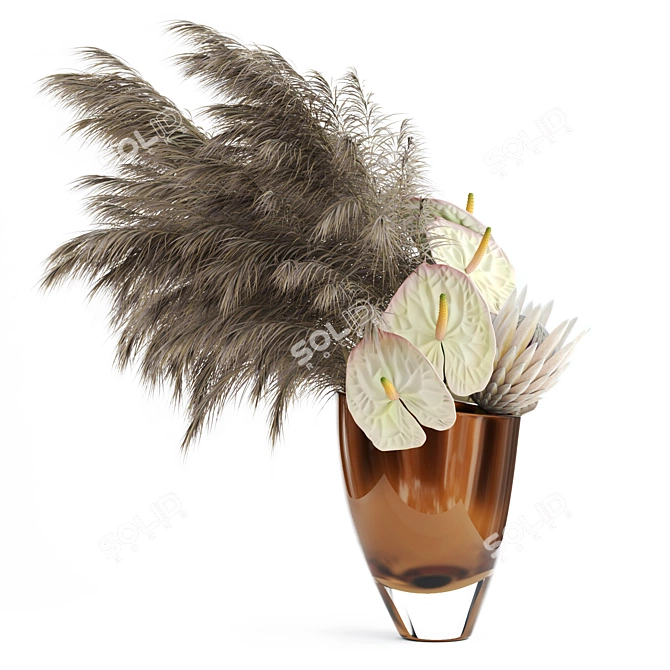 Realistic Anthuriums & Protea Bouquet with Pampas Grass 3D model image 1