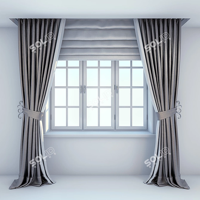 Roman Blinds with Gray-Beige Curtains for Stylish Windows 3D model image 1