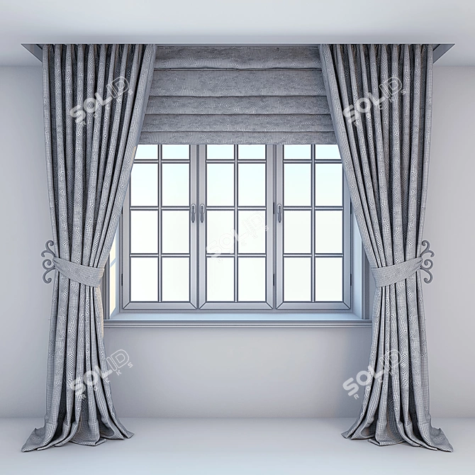 Roman Blinds with Gray-Beige Curtains for Stylish Windows 3D model image 3