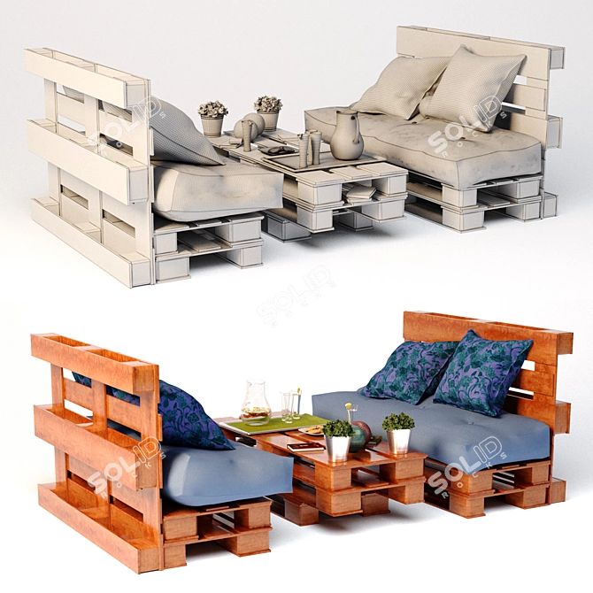 Title: Rustic Pallet Furniture Set 3D model image 3