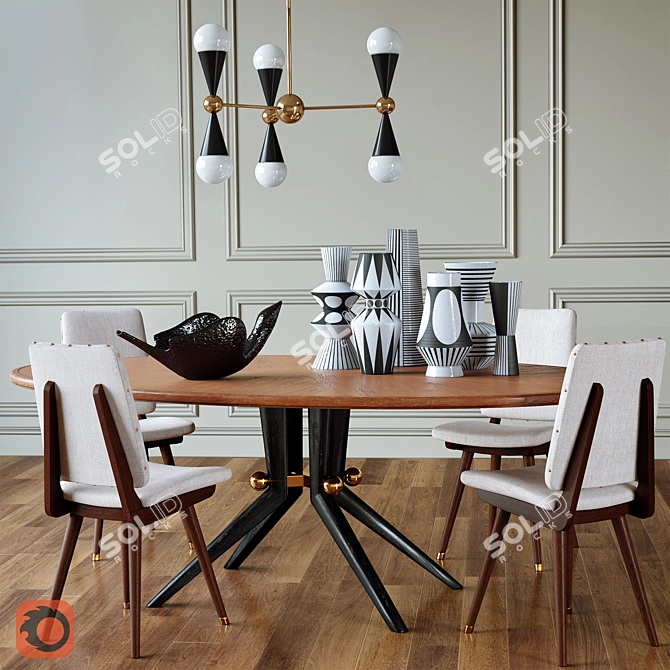 Elegant Trocadero Table with Camille Chairs and Caracas Chandelier 3D model image 1