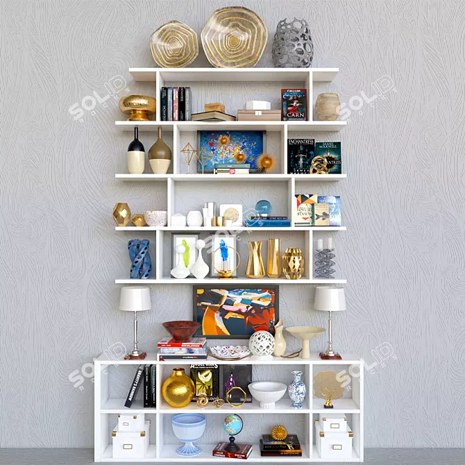 Elegant Shelf Display: Figurines, Vase, Gold, Books & Lamp 3D model image 1