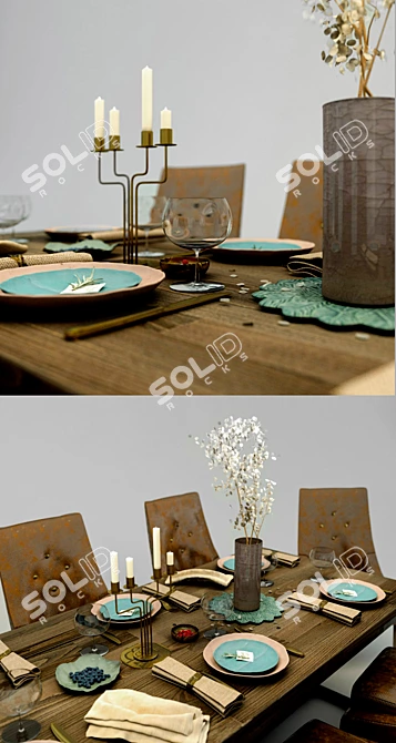 Elegant Table Set with Bohemian Glassware & Antique Brass Accessories 3D model image 2