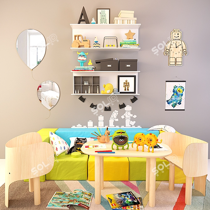 Kids Lego Set: Furniture, Organizer, Poufs, Rug, Mirror, Clock & Figures 3D model image 1