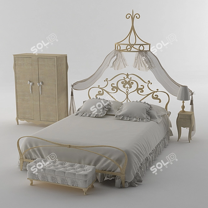 Elegant Sleep: Wardrobe, Canopy Bed, Ottoman, Nightstand & Floor Lamp 3D model image 1