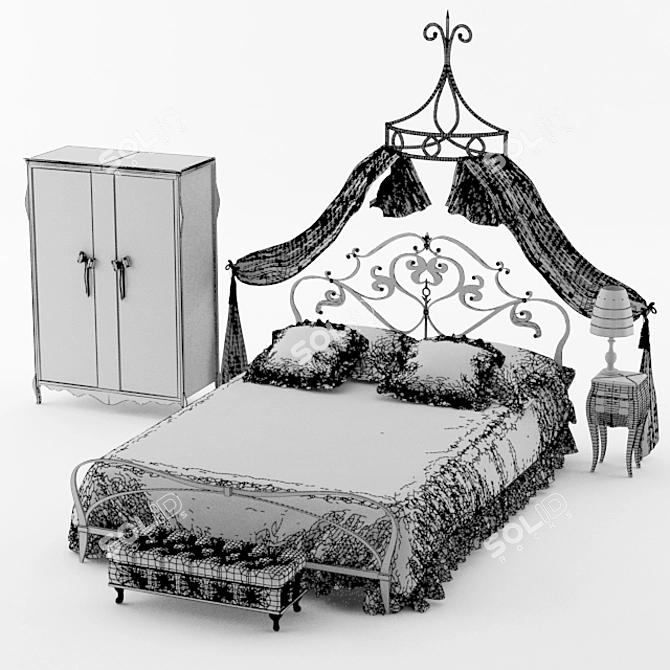 Elegant Sleep: Wardrobe, Canopy Bed, Ottoman, Nightstand & Floor Lamp 3D model image 2