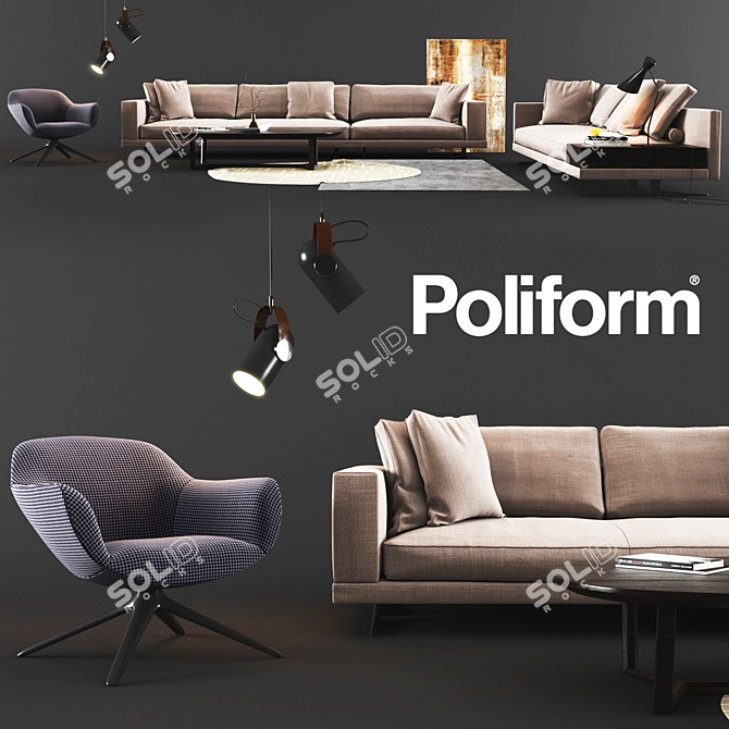 Contemporary Poliform Set: Sofa, Armchair, Table, Lamps 3D model image 1