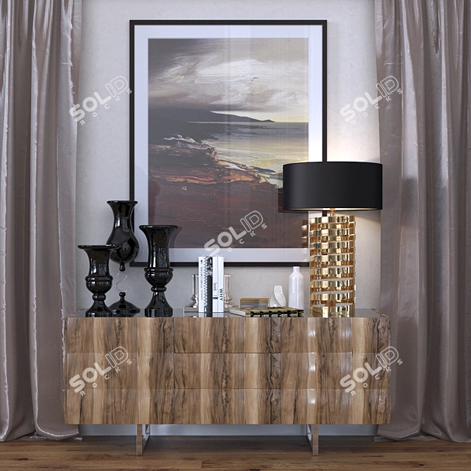 Modern Walnut Dresser with Black Glass Top and Chrome Legs 3D model image 1