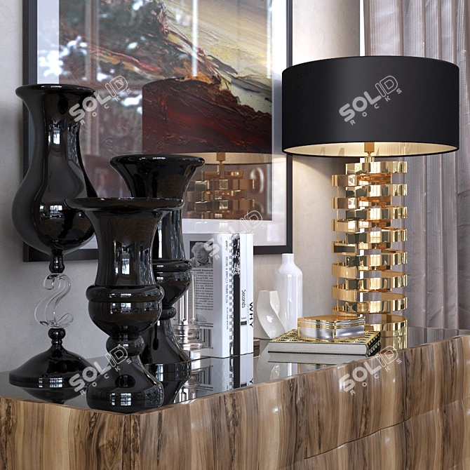 Modern Walnut Dresser with Black Glass Top and Chrome Legs 3D model image 2