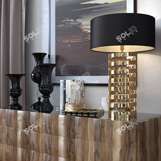 Modern Walnut Dresser with Black Glass Top and Chrome Legs 3D model image 3