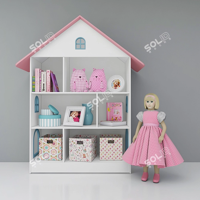 Adorable Bookshelf House with Doll 3D model image 1