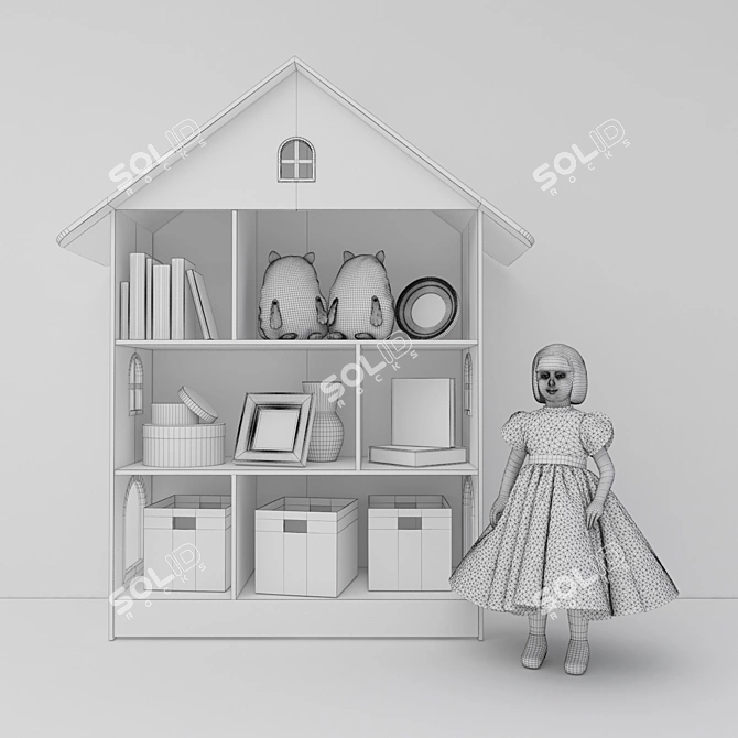 Adorable Bookshelf House with Doll 3D model image 3