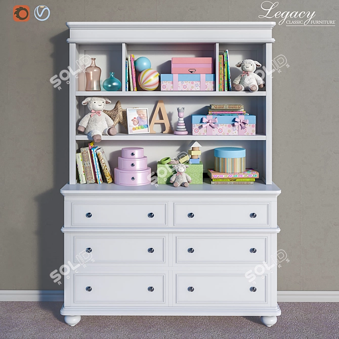 Legacy Classic White Bookcase Hutch & Dresser Set - Toys, Accessories, Decor 3D model image 1