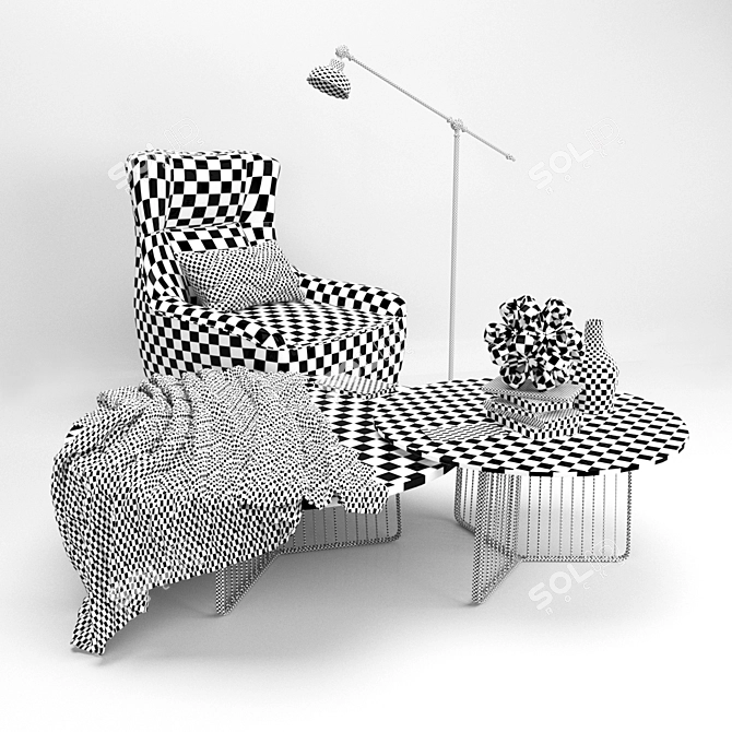Modern Black Floor Lamp with Italian Armchair and Coffee Tables 3D model image 2