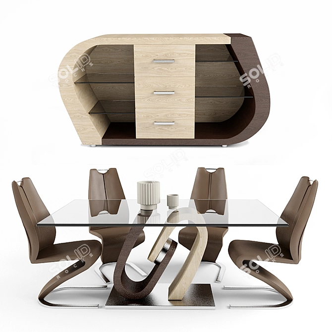 Modern Oak & Walnut Dining Set 3D model image 1