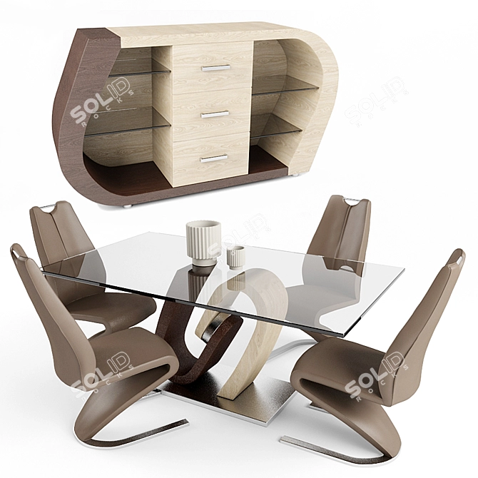 Modern Oak & Walnut Dining Set 3D model image 2