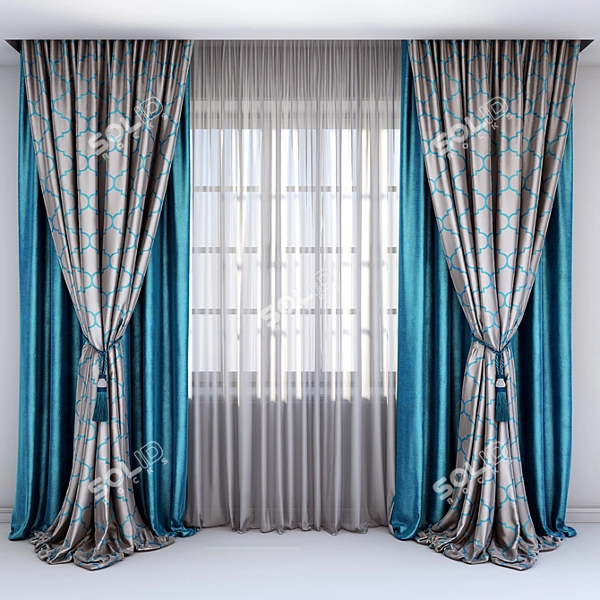 Turquoise Velvet Curtains with Brush 3D model image 1