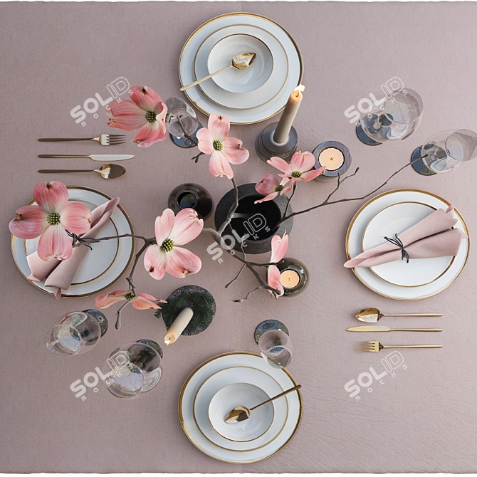 Elegant Pink Tableware Set 3D model image 2