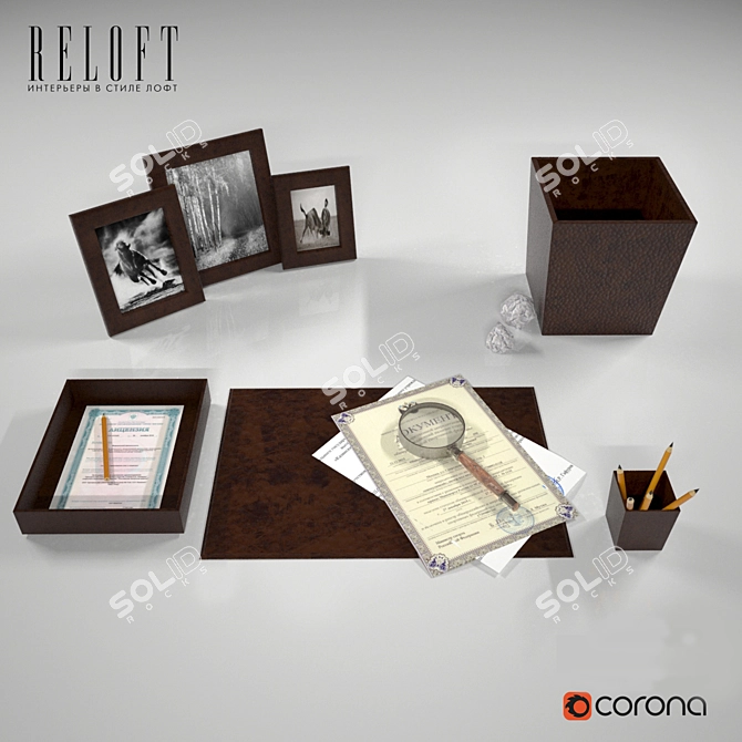 Brown Office Table Set: Pencil Holder, Paper Basket, Desk Mat, Letter Tray 3D model image 1