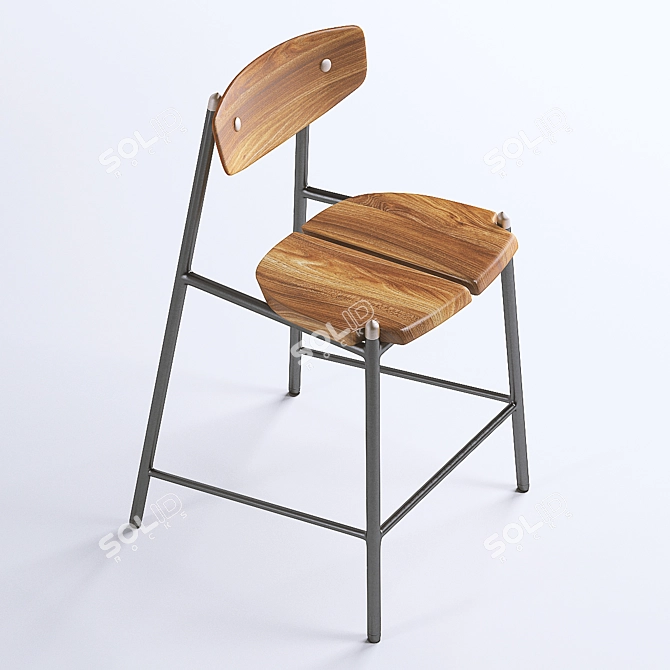 Curve-Back Oak Stool with Brass Accents 3D model image 2