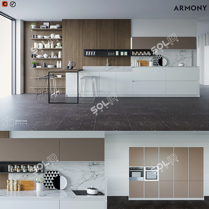Sleek Harmony-T16 Kitchen 3D model image 1