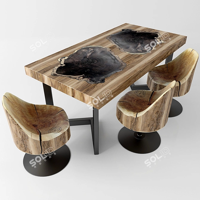 Rustic Wood Dining Table Set 3D model image 1