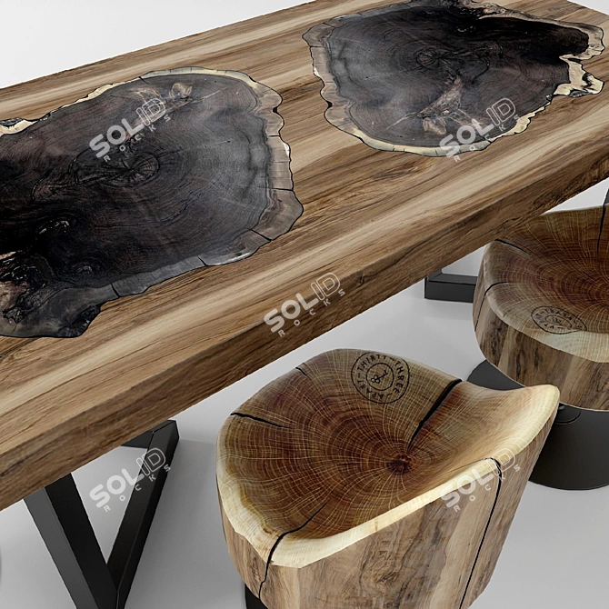 Rustic Wood Dining Table Set 3D model image 3