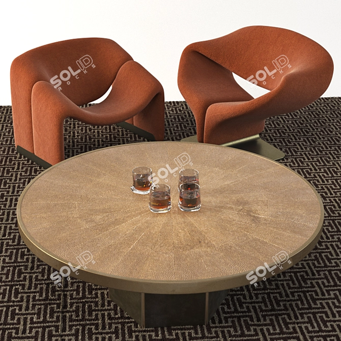 Luxury Velvet Chairs & Round Brass Table 3D model image 3