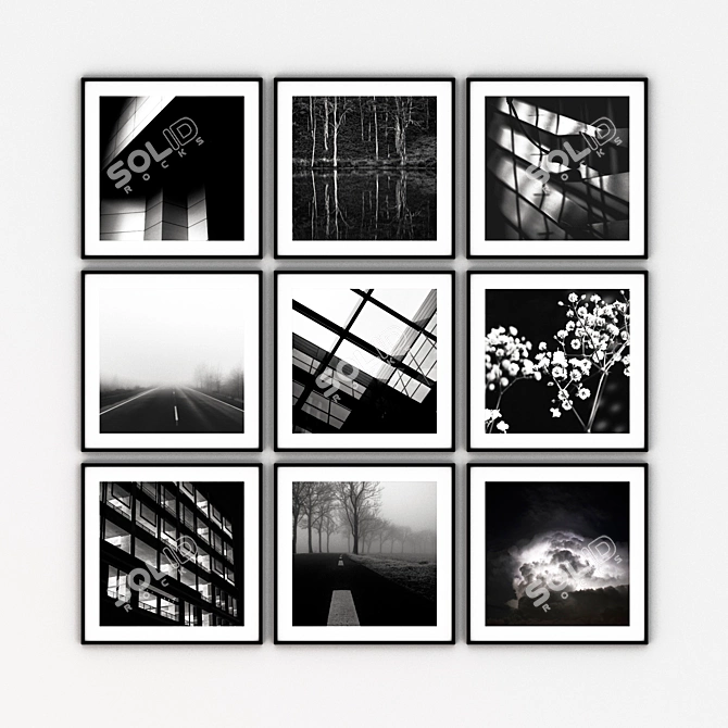 Modern Black & White Paintings Set 3D model image 1