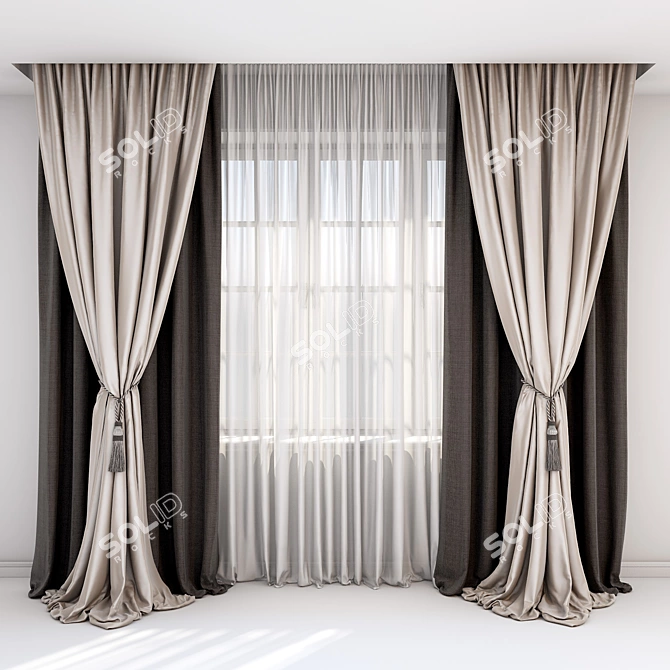 Elegant Brown-Beige Curtains with Pick-Up Brush 3D model image 1